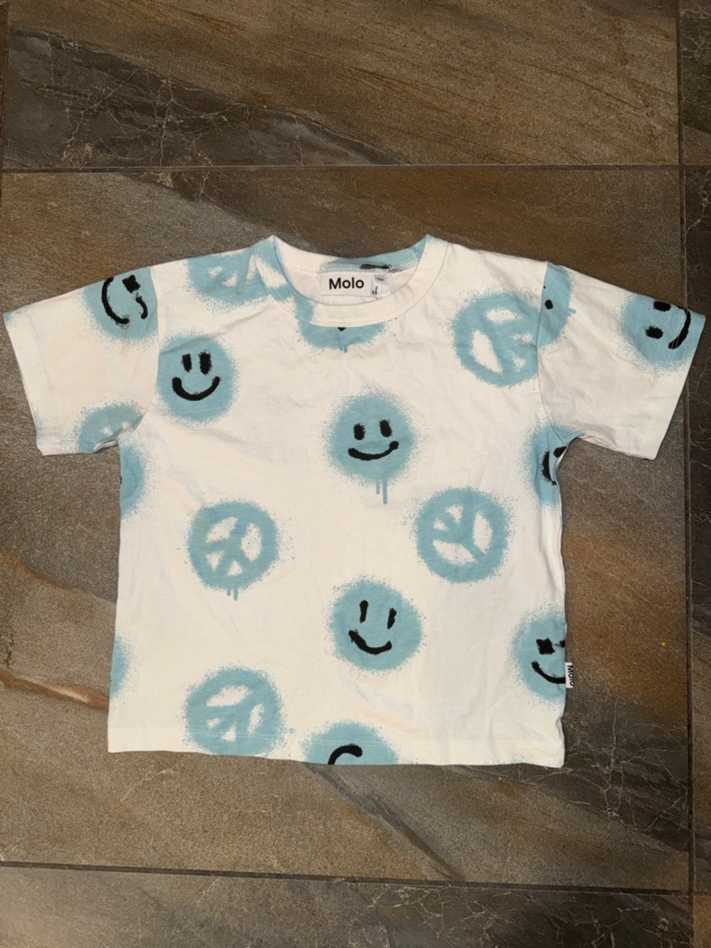 Molo Riley White Tee with Light Blue Smiley & Peace Print -Size 4